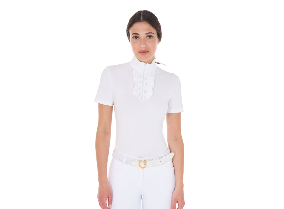 WOMEN'S SLIM FIT COMPETITION POLO WITH RUFFLES AND RHINESTONE