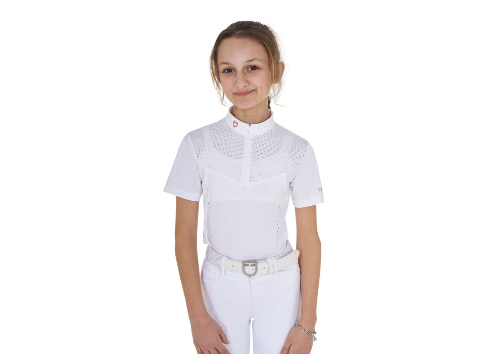 Polo de entrenamiento ajustado para mujer EQUESTRO con cremallera y pedrería en el cuello.